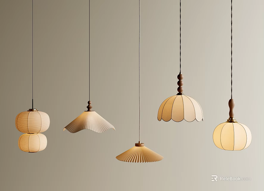 Minimalist Design Pendant Lights With Wooden Elements And Different Shaped Shades Hanging In Neutral Tone 3d model 