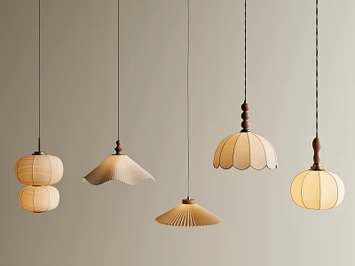 Minimalist Design Pendant Lights With Wooden Elements And Different Shaped Shades Hanging In Neutral Tone 3d model