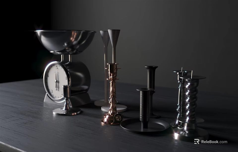 Various Designed Metal Candle Holders in Silver Black Copper Colors on Dark Tabletop Background 3d model 