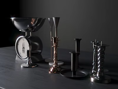 Various Designed Metal Candle Holders in Silver Black Copper Colors on Dark Tabletop Background 3d model