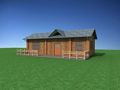 Wooden House Exterior With Gray Roof Brown Door And Wooden Railings On Green Grass 3d model