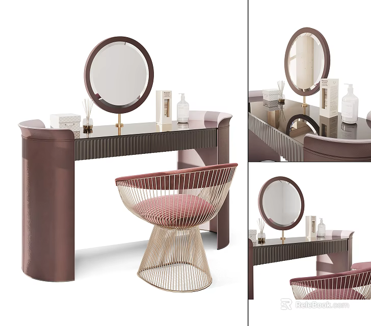 Modern Brown Dressing Table With Round Mirror Stylish Chair And Skincare Bottles 3d model 