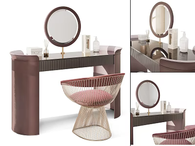 Modern Brown Dressing Table With Round Mirror Stylish Chair And Skincare Bottles 3d model