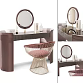 Modern Brown Dressing Table With Round Mirror Stylish Chair And Skincare Bottles