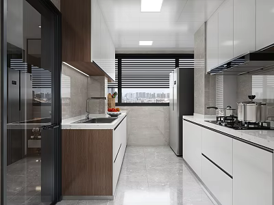 Modern Kitchen Interior With White Cabinets Wooden Elements Marble Countertops Blinds And Appliances 3d model