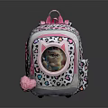 Fashionable Kids Backpack With Leopard Print Circular Transparent Window Pink Straps And Pom Pom Accessory