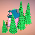 Pink House With Blue Roof And Wooden Porch Surrounded By Green Pine Trees
