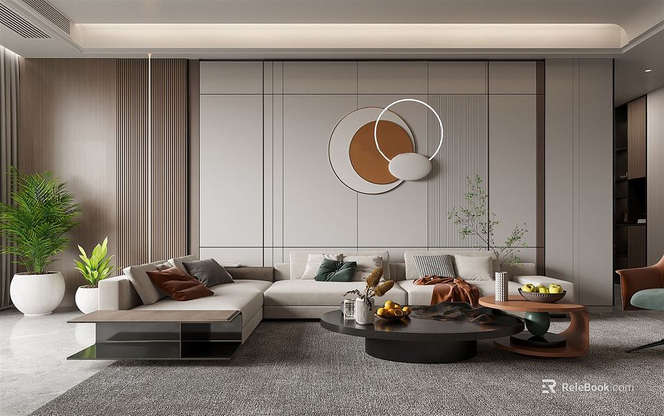 Modern Living Room Interior Design With Sofa Decorative Wall Art Area Rug And Coffee Table 3d model 