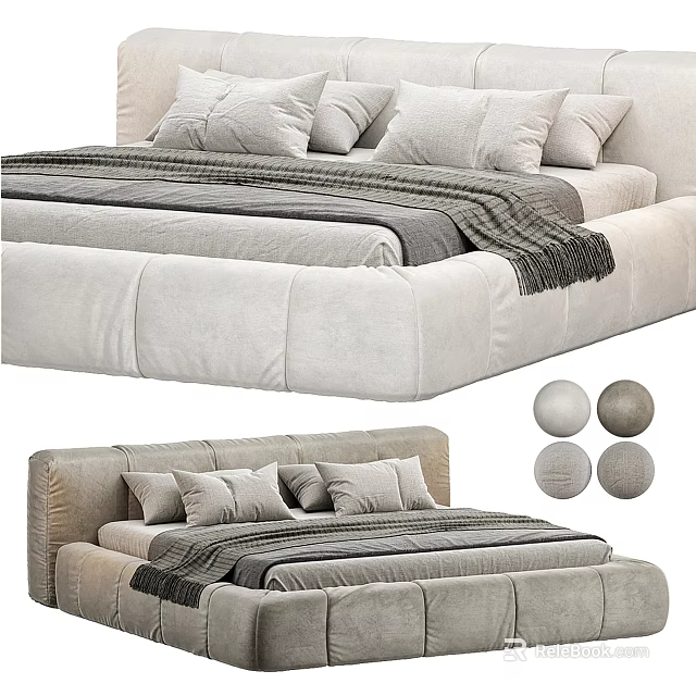 Modern Double Bed With Soft Velvet Upholstery Headboard Pillows Blanket And Color Options 3d model 