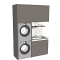 Modern Bathroom Cabinet With Grey Cabinets Marble Countertop And Stacked Washing Machines