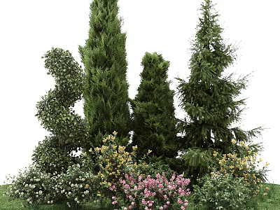Tall Arbor Trees Surrounded By Shrubs And Colorful Pink Yellow White Flowers 3d model