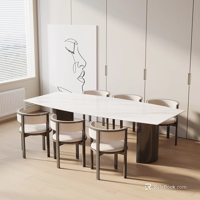 Modern Dining Table Set With Upholstered Chairs Line Art Wall Decor And Wooden Flooring 3d model 