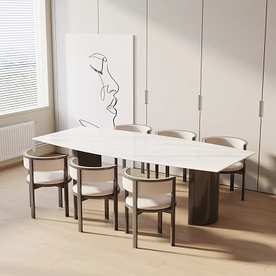 Modern Dining Table Set With Upholstered Chairs Line Art Wall Decor And Wooden Flooring 3d model