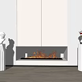 Modern Fireplace Featuring Burning Flames Light Colored Wall Cabinets And White Sculptures On Both Sides