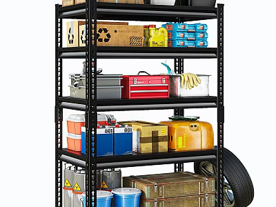 Heavy Duty Metal Shelving Unit with Cardboard Boxes Toolbox Oil Canister Blue Buckets and Tire 3d model