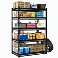 Heavy Duty Metal Shelving Unit with Cardboard Boxes Toolbox Oil Canister Blue Buckets and Tire