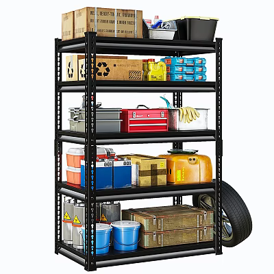Heavy Duty Metal Shelving Unit with Cardboard Boxes Toolbox Oil Canister Blue Buckets and Tire 3d model