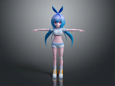 Cute Game Anime Character With Blue Twin Tails Rabbit Ears White Sportswear And Arms Outstretched 3d model