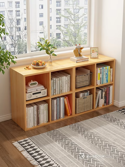 Wooden Bookcase With Shelves Storage Books Basket Clock Plant And Decorative Items 3d model 