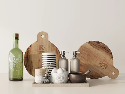 Stylish Kitchenware Set With Wooden Cutting Boards Green Glass Bottle And Containers 3d model