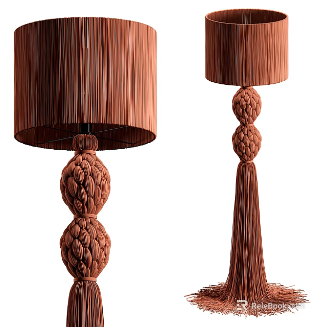 Modern Brown Braided Floor Lamp With Fabric Shade And Tassel Details 3d model 