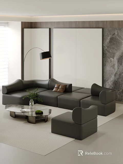 Modern Black Leather L shaped Sofa Coffee Table Set with Glass Top and Marble Wall 3d model 