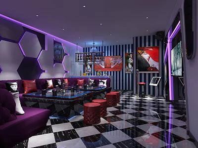 Modern KTV Room With Purple Sofas Black White Checkered Floor Neon Lights And Art Posters 3d model