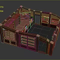 Cartoon Scenario With Wooden Structure Red Frame Black Floor Interior Shelves And Door