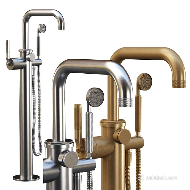 Stylish Bathroom Shower Faucets with Gold and Silver Finishes and Showerhead Components 3d model 