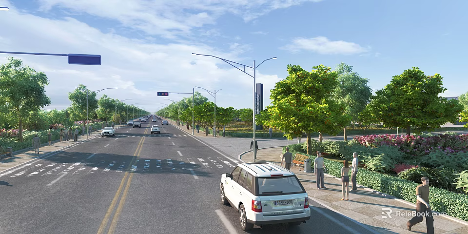 Modern Urban Road Infrastructure with Street Lights Green Belts and Pedestrians 3d model 