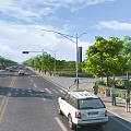 Modern Urban Road Infrastructure with Street Lights Green Belts and Pedestrians