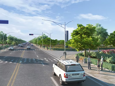 Modern Urban Road Infrastructure with Street Lights Green Belts and Pedestrians 3d model