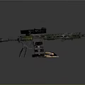 Modern Tactical Rifle With Scope Camouflage Design And Bullets On Reflective Surface 3d model