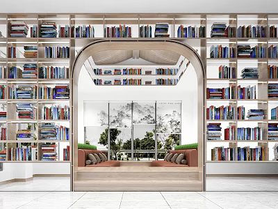 Book Art Themed Library Interior Design With Wooden Bookshelves Arched Structure And Large Window 3d model