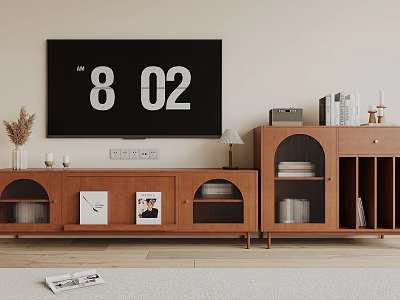 Modern Wooden TV Stand With Decorative Shelves Books Table Lamp And Vase 3d model