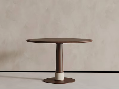 Brown Round Table With Cylindrical Leg And White Base Against Light Wall 3d model