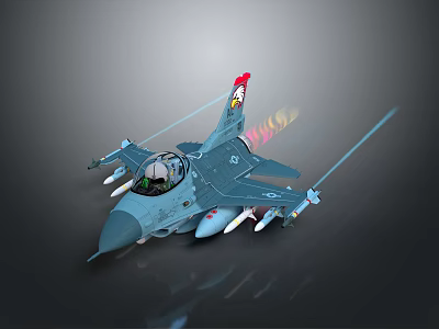 Gray Military Fighter Jet With Transparent Cockpit Mounted Missiles And Tail Flame 3d model