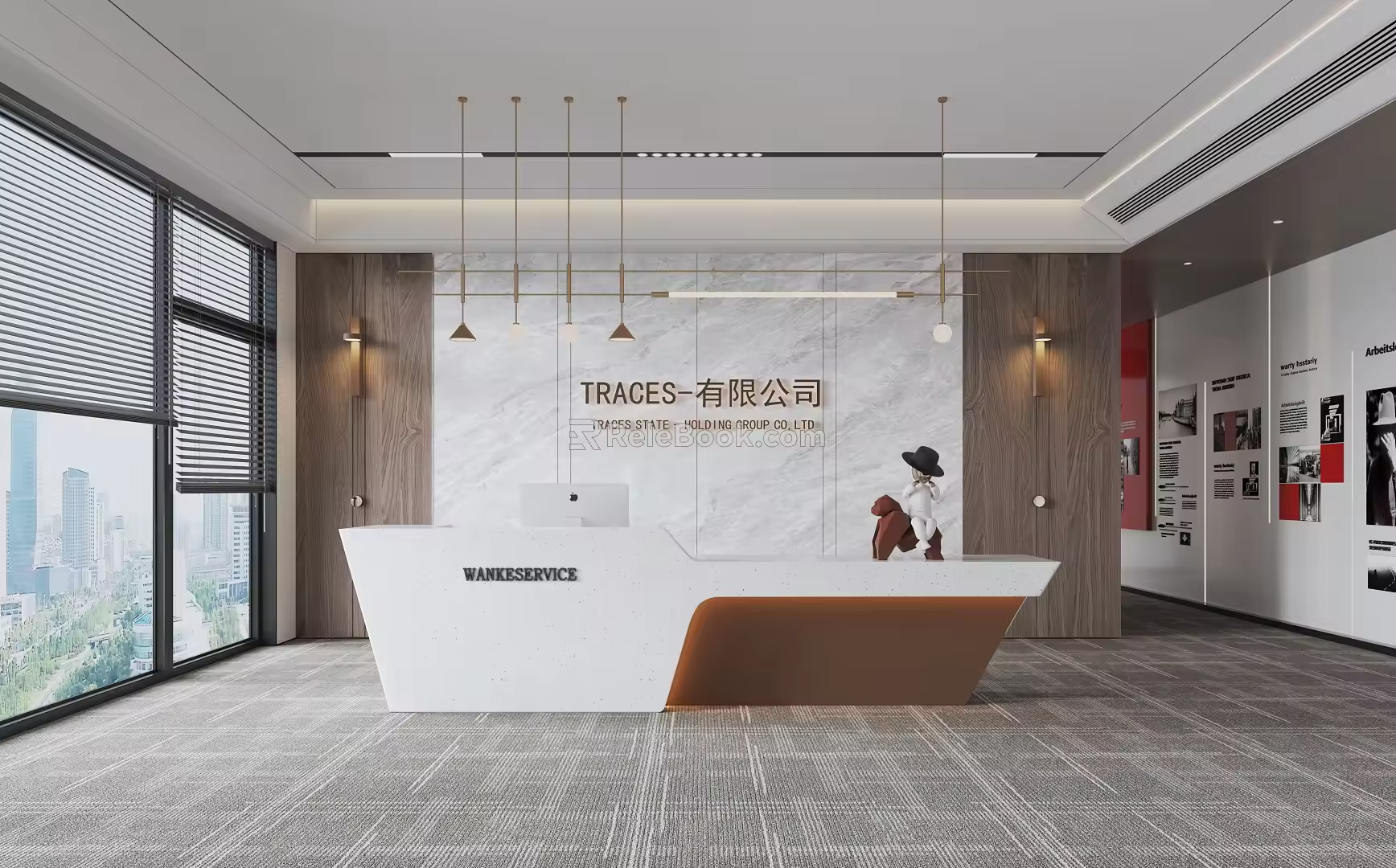 Modern Company Front Desk Background Wall Sofa Reception Area Sofa Chandelier Office Area 3d model