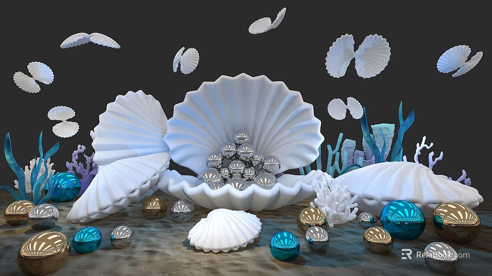 Seashell Themed Photo Spot With Large Open Seashells Jewels And Colorful Corals Decorative Balls 3d model 