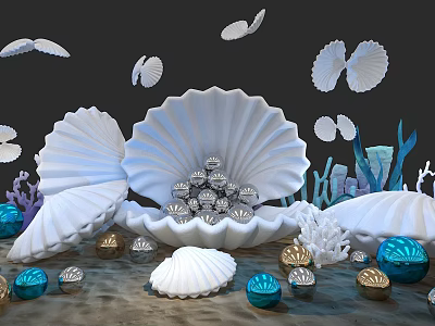 Seashell Themed Photo Spot With Large Open Seashells Jewels And Colorful Corals Decorative Balls 3d model