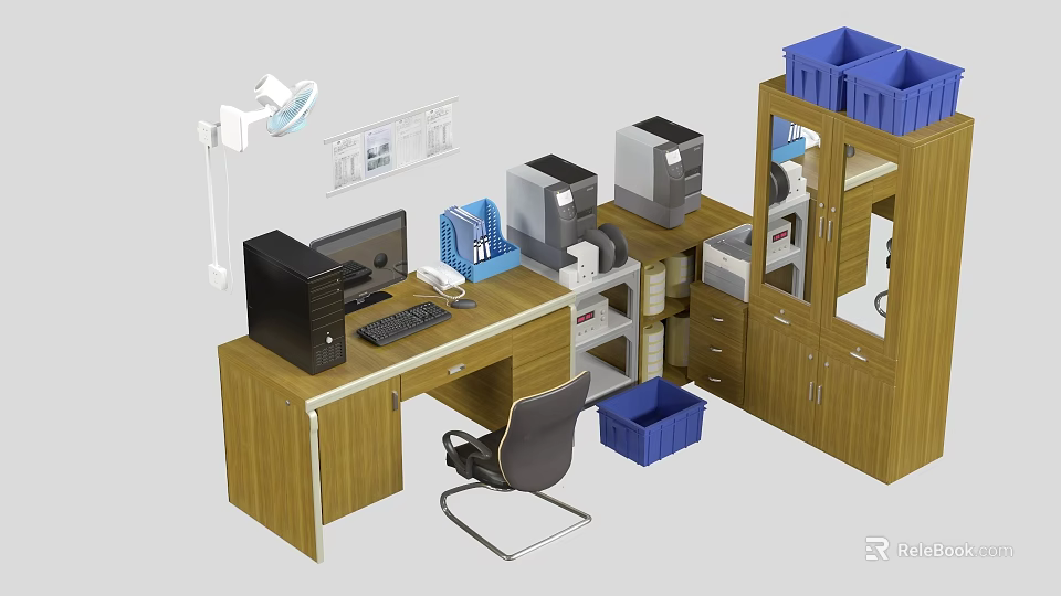 Wooden Office Desk With Computer Keyboard Chair Blue Storage Baskets Printers Cabinets And Desk Lamp 3d model 
