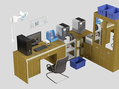 Wooden Office Desk With Computer Keyboard Chair Blue Storage Baskets Printers Cabinets And Desk Lamp 3d model