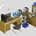 Wooden Office Desk With Computer Keyboard Chair Blue Storage Baskets Printers Cabinets And Desk Lamp
