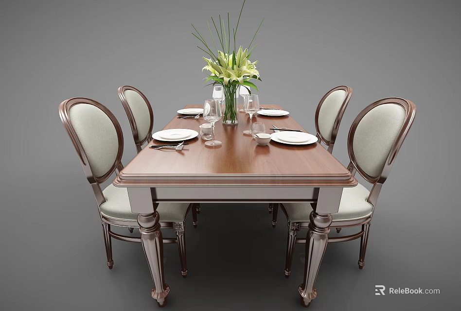Elegant Dining Table Set with Six Beige Upholstered Chairs Green Floral Arrangement White Plates Glasses 3d model 