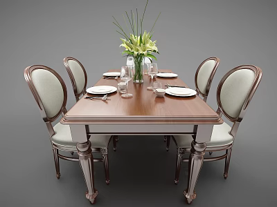 Elegant Dining Table Set with Six Beige Upholstered Chairs Green Floral Arrangement White Plates Glasses 3d model