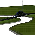 Blue Arch Bridge Spanning River With Green Grass Trees Hills And Vehicles On Road