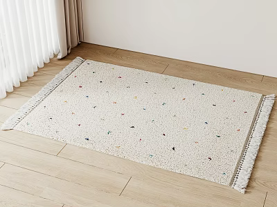 Off White Square Rug With Colorful Small Spots And Fringe Edges On Wooden Floor 3d model