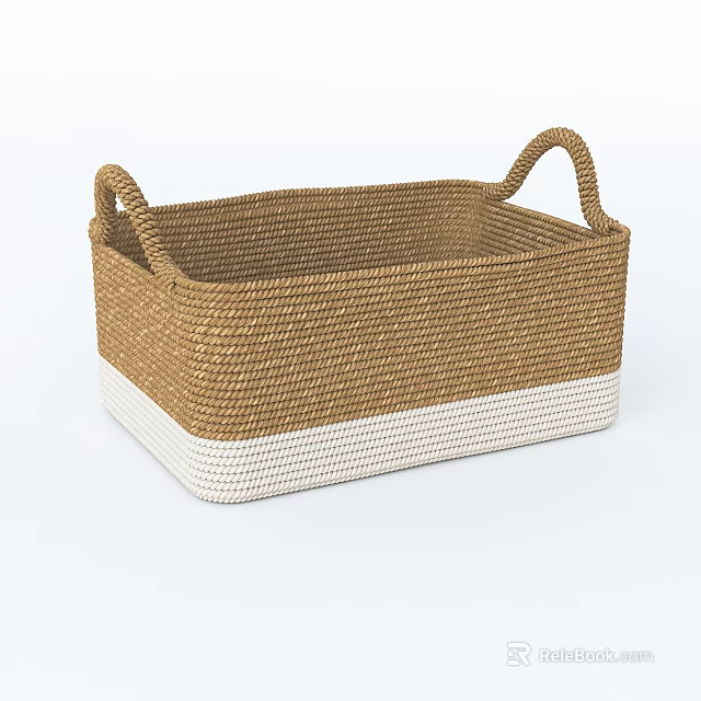 Woven Rectangular Storage Basket with Brown and White Design and Handles 3d model