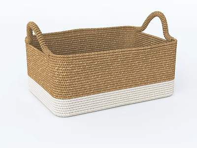 Woven Rectangular Storage Basket with Brown and White Design and Handles 3d model