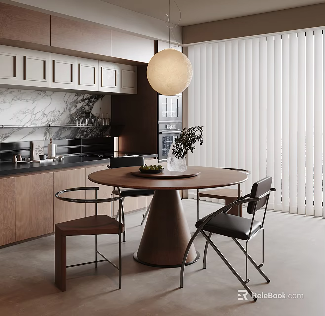 Modern Restaurant Open Kitchen With Round Dining Table Wooden Cabinets White Blinds And Black Chairs 3d model 